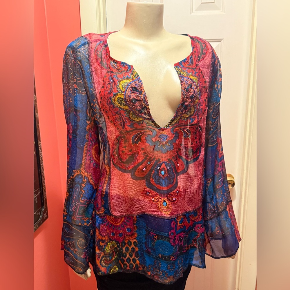 Chico’s Women’s V-Neck Silk Paisley Blouse in Pink & Blue with beads and sequins